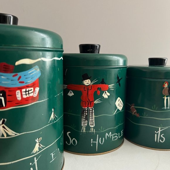 Mid-Century Scenic Canisters Farmhouse Kitchen Canisters by Ransburg Set of 4 - Picture 3 of 10